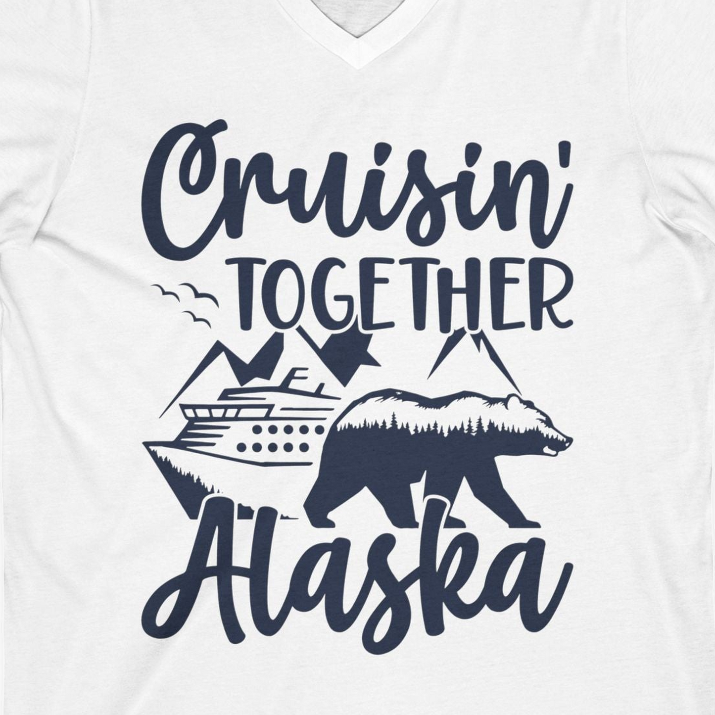 Alaska Cruise Adventure Shirt V-Neck Shirt – White – Alaska Cruise Shirts Close Up