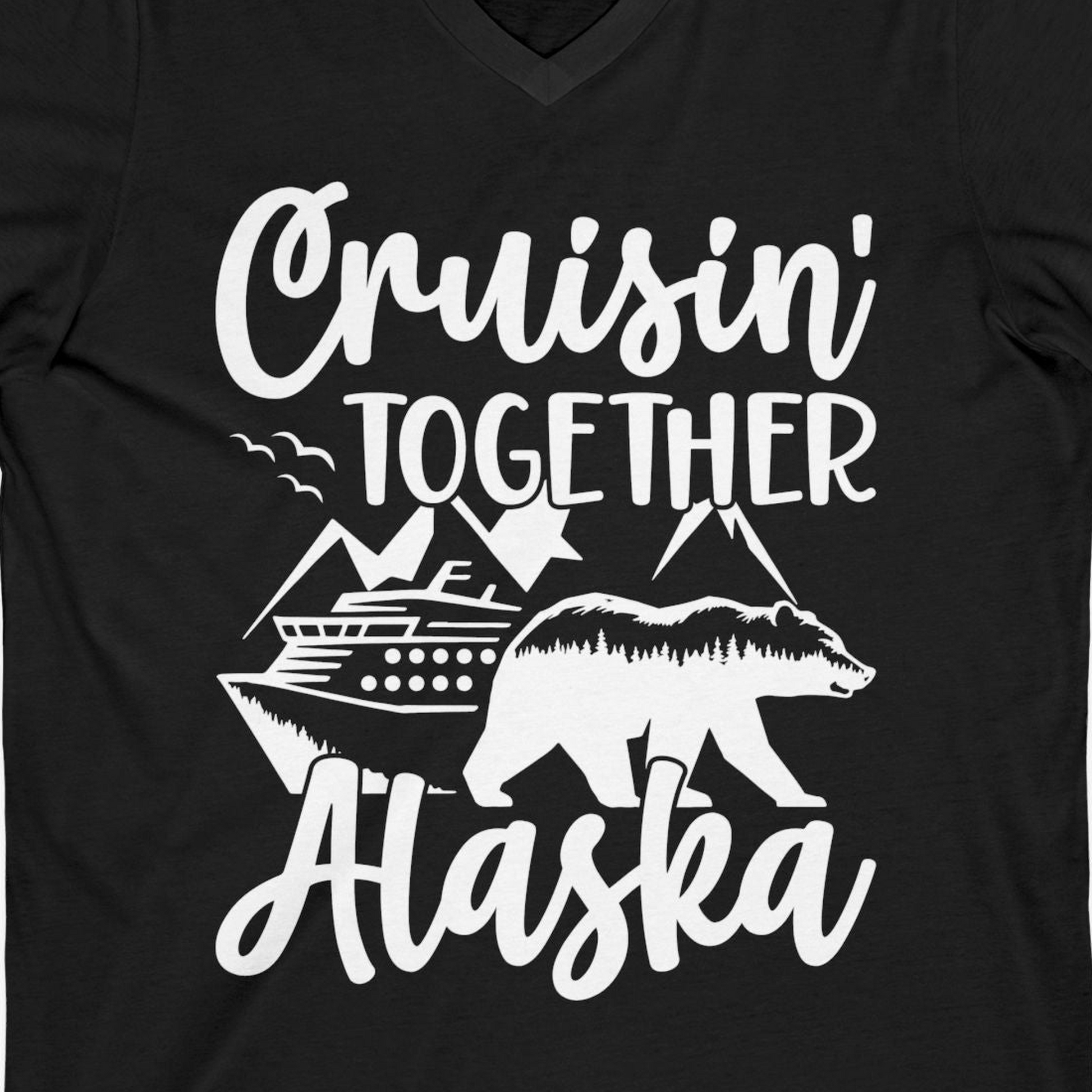 Alaska Cruise Adventure Shirt V-Neck Shirt – Black – Alaska Cruise Shirts Close Up