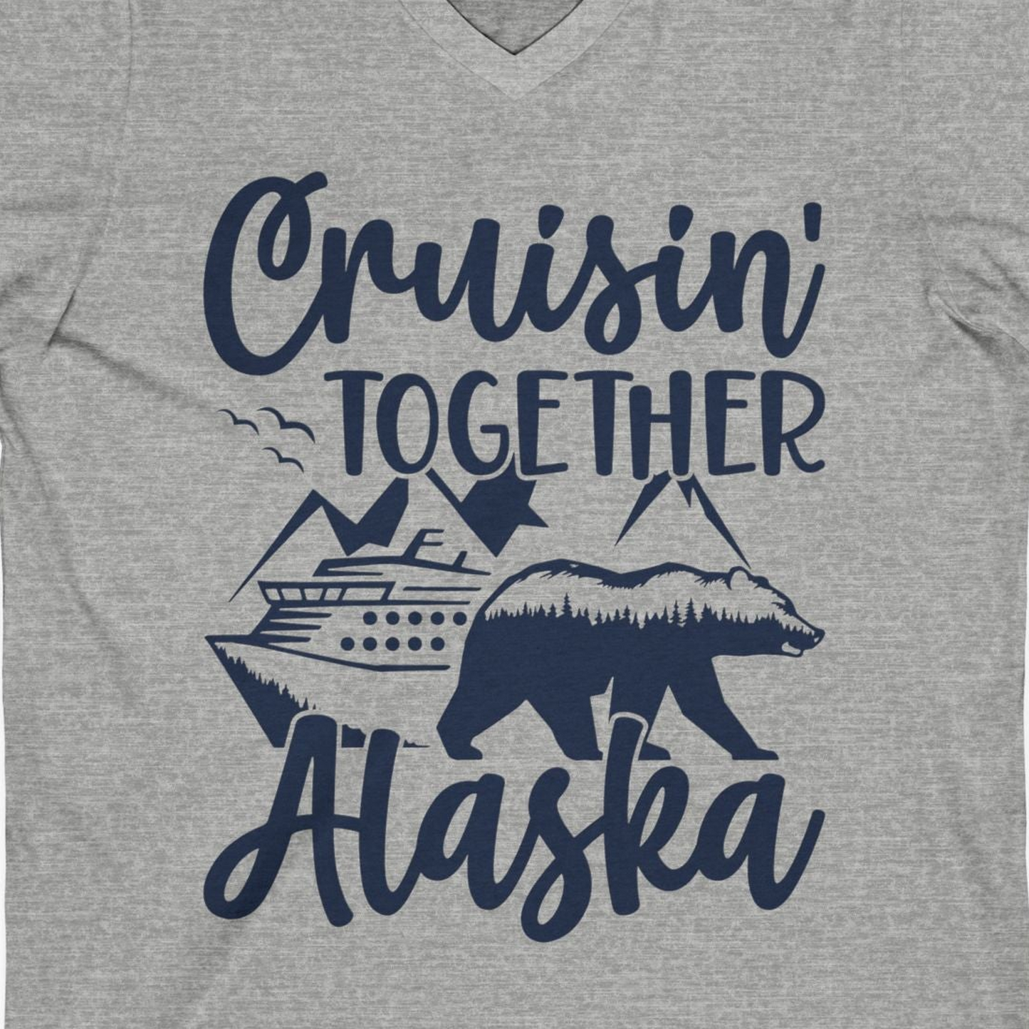 Alaska Cruise Adventure Shirt V-Neck Shirt – Athletic Heather – Alaska Cruise Shirts Close Up