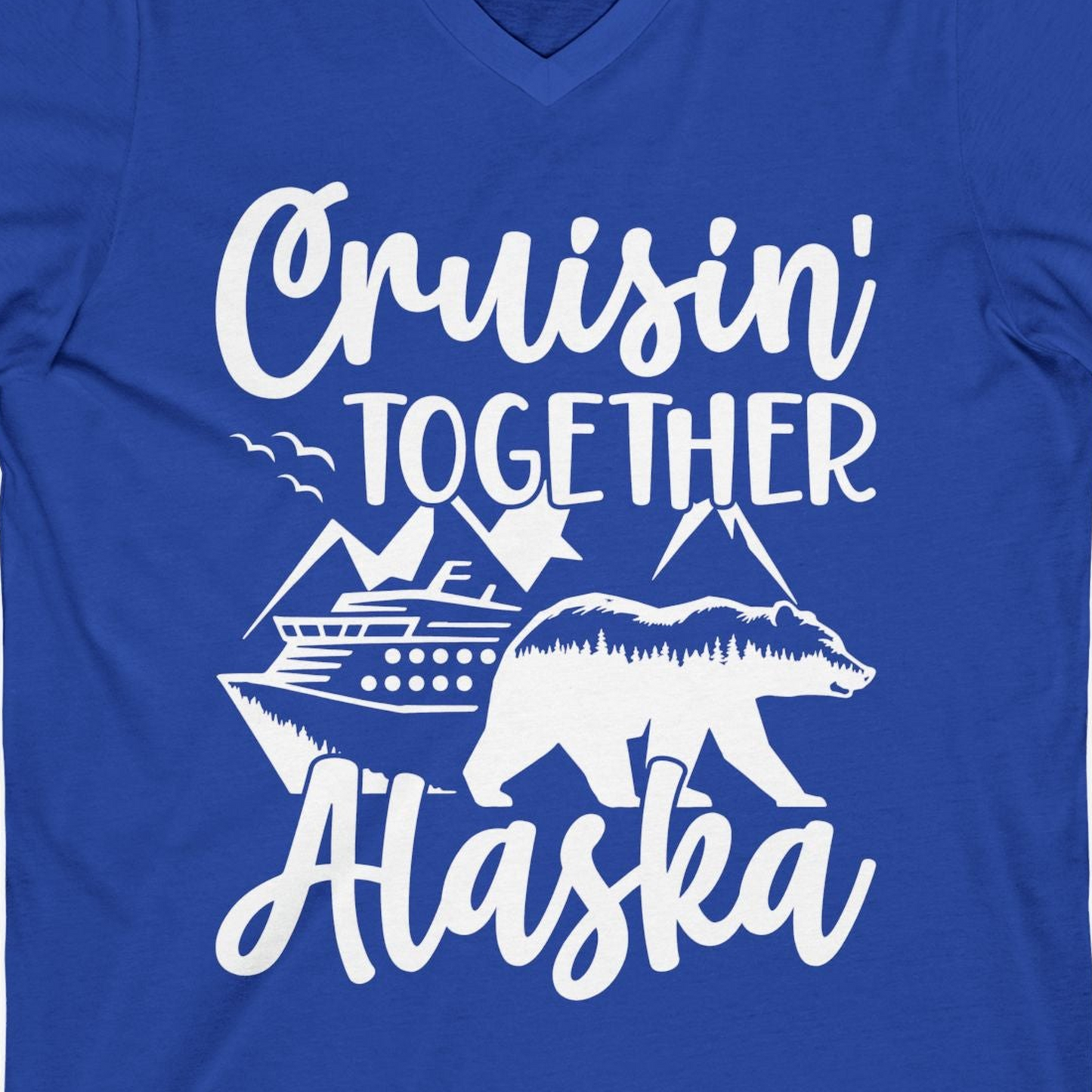 Alaska Cruise Adventure Shirt V-Neck Shirt – True Royal – Alaska Cruise Shirts Close Up