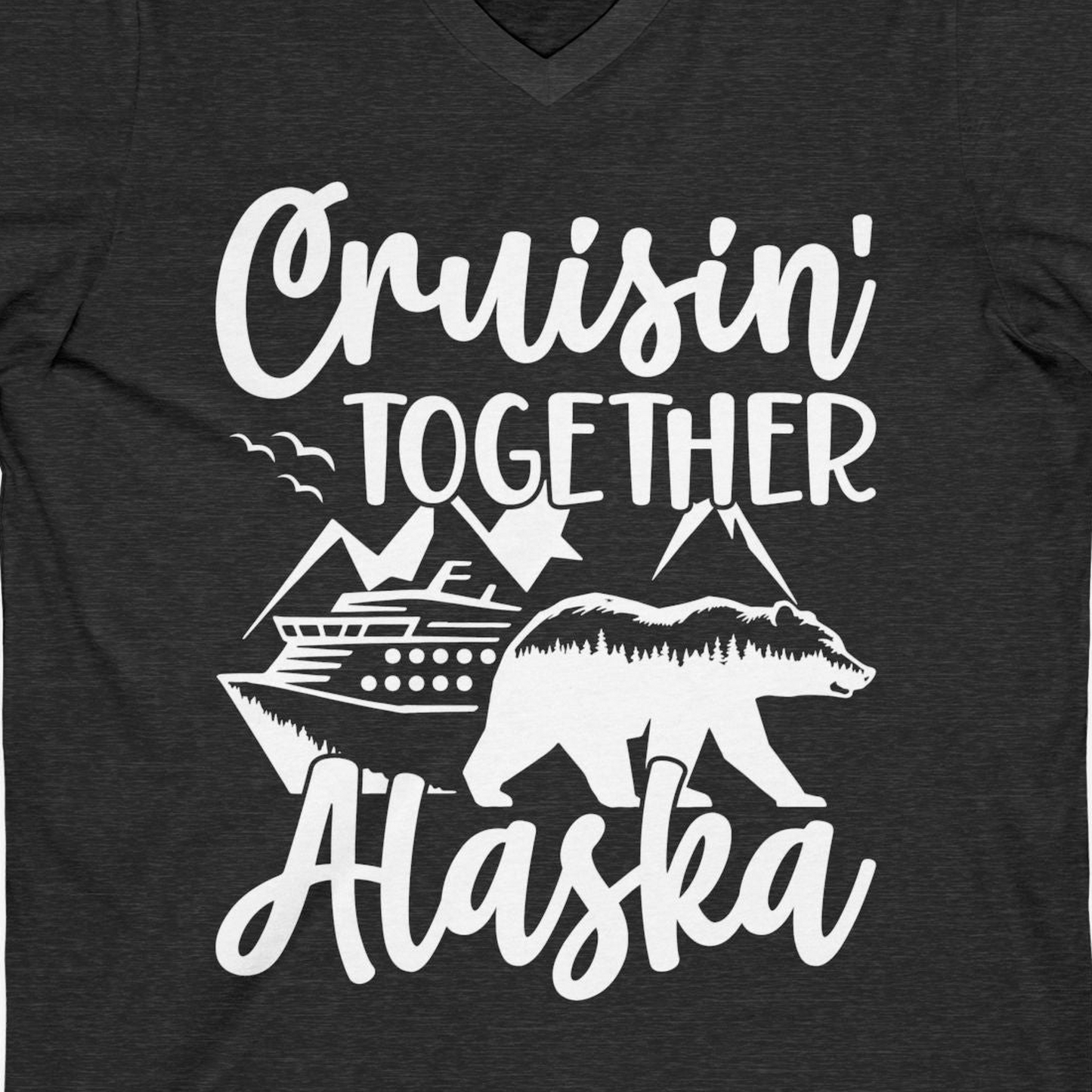 Alaska Cruise Adventure Shirt V-Neck Shirt – Dark Grey Heather – Alaska Cruise Shirts Close Up