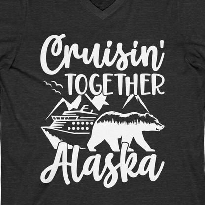 Alaska Cruise Adventure Shirt V-Neck Shirt – Dark Grey Heather – Alaska Cruise Shirts Close Up