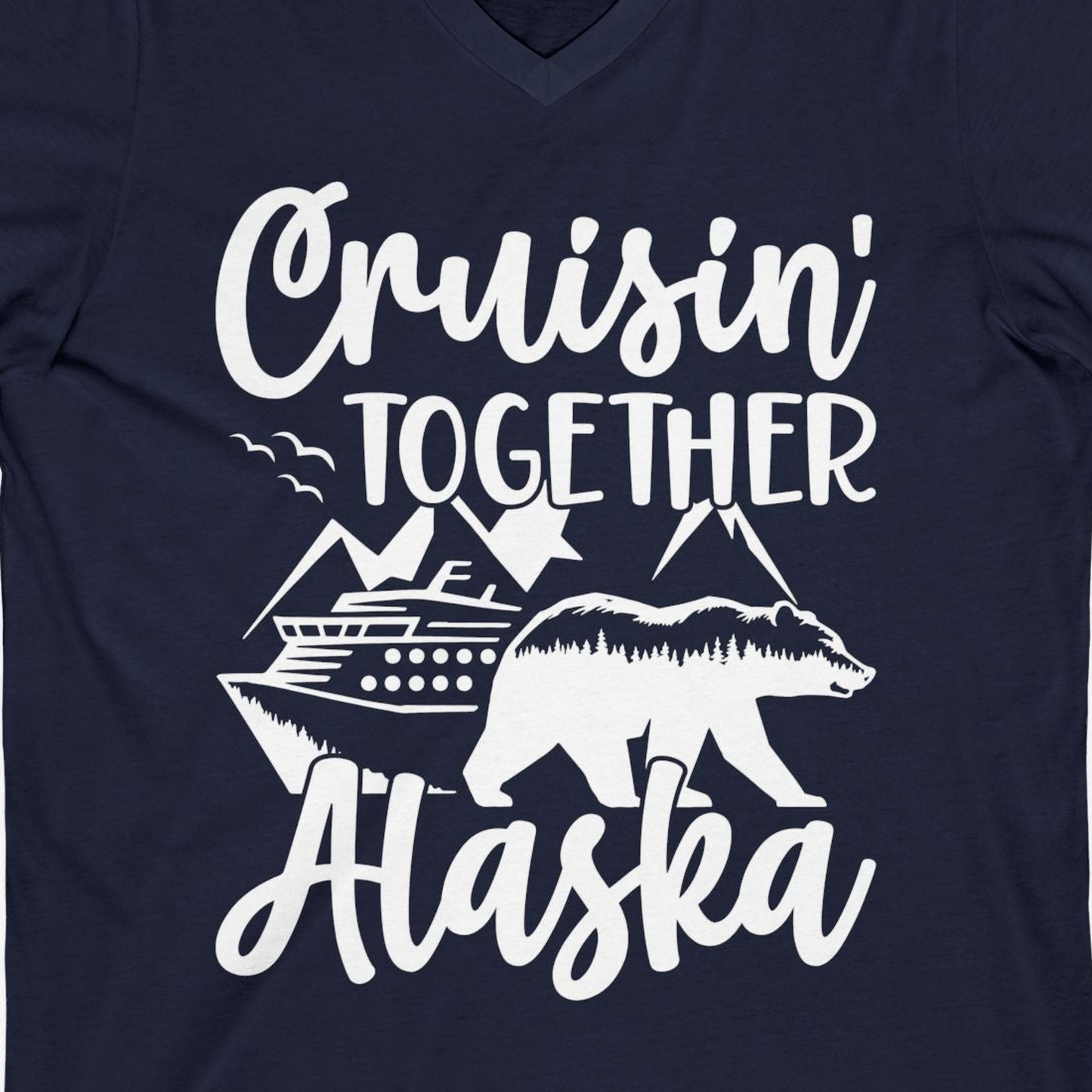 Alaska Cruise Adventure Shirt V-Neck Shirt – Navy – Alaska Cruise Shirts Close Up