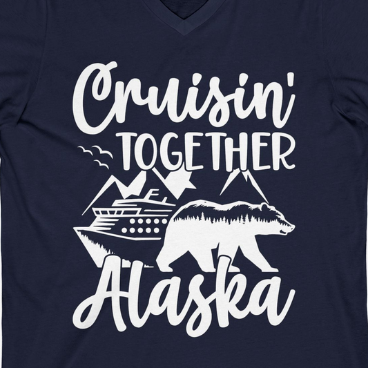 Alaska Cruise Adventure Shirt V-Neck Shirt – Navy – Alaska Cruise Shirts Close Up