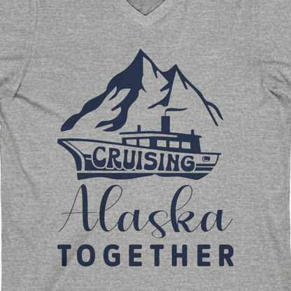 Cruising Alaska Together Mountains and Ship Family Cruise Shirt — V-Neck V-Neck Shirt – Athletic Heather – Alaska Cruise Shirts Close Up