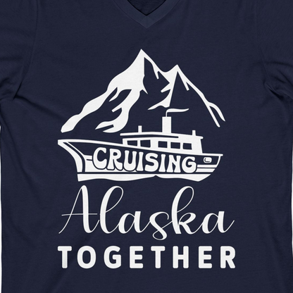 Cruising Alaska Together Mountains and Ship Family Cruise Shirt — V-Neck V-Neck Shirt – Navy – Alaska Cruise Shirts Close Up