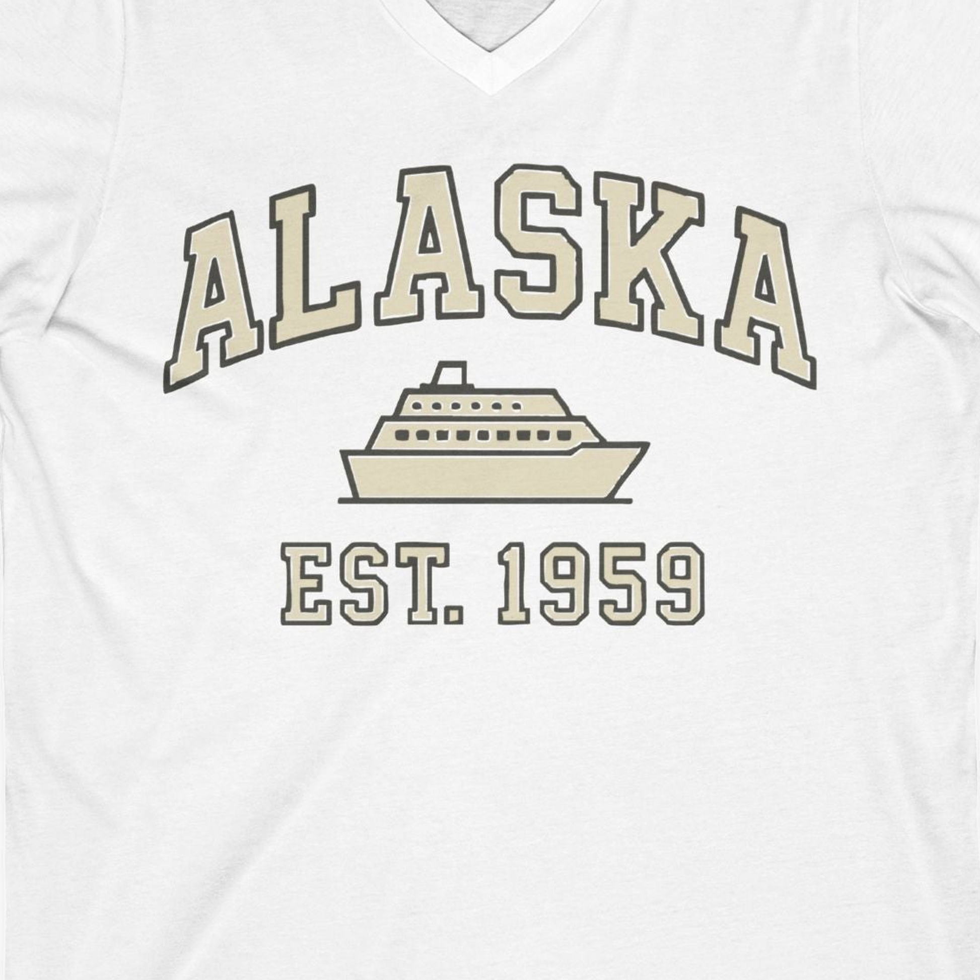 Alaska Cruise Shirt V-Neck Shirt – White – Alaska Cruise Shirts Close Up