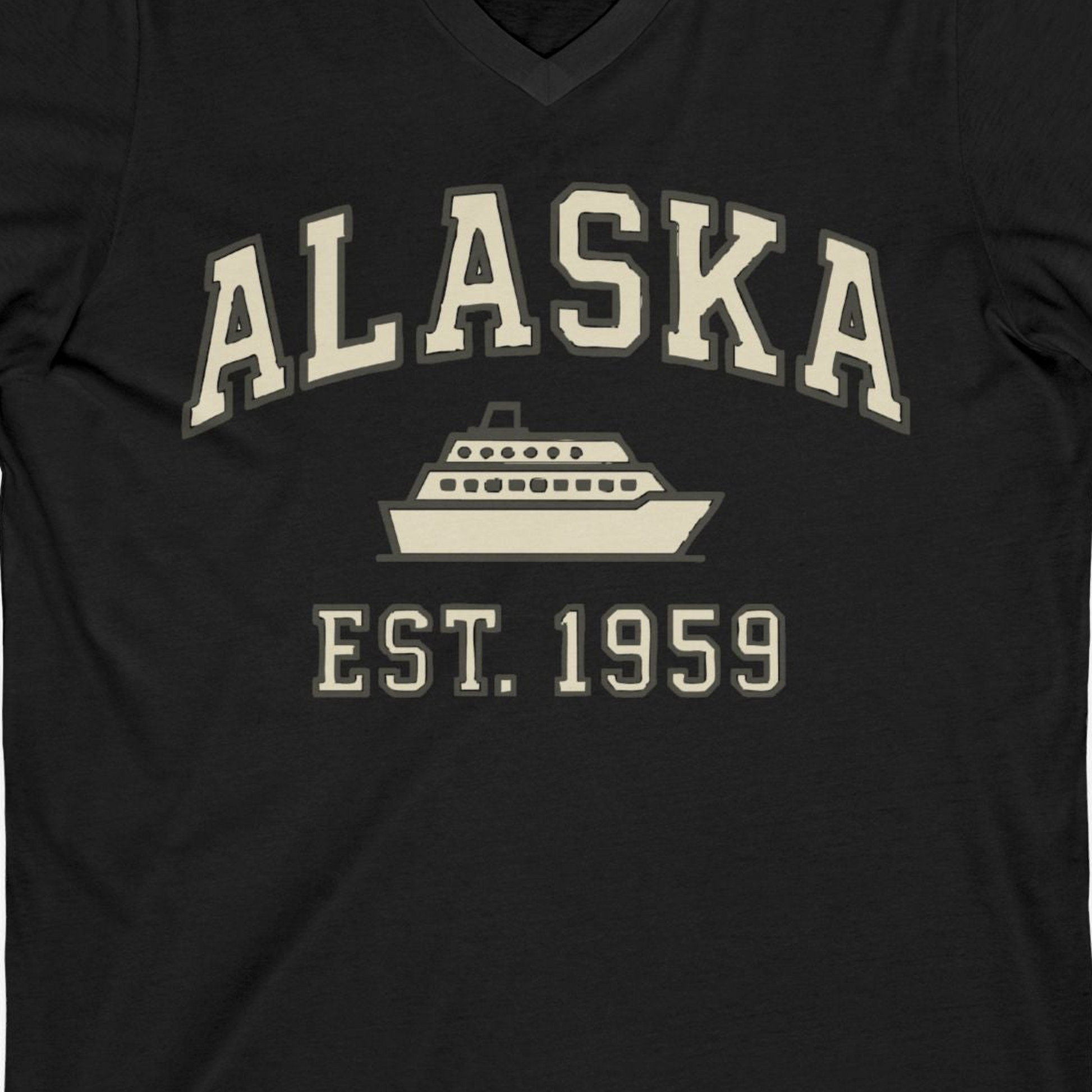 Alaska Cruise Shirt V-Neck Shirt – Black – Alaska Cruise Shirts Close Up
