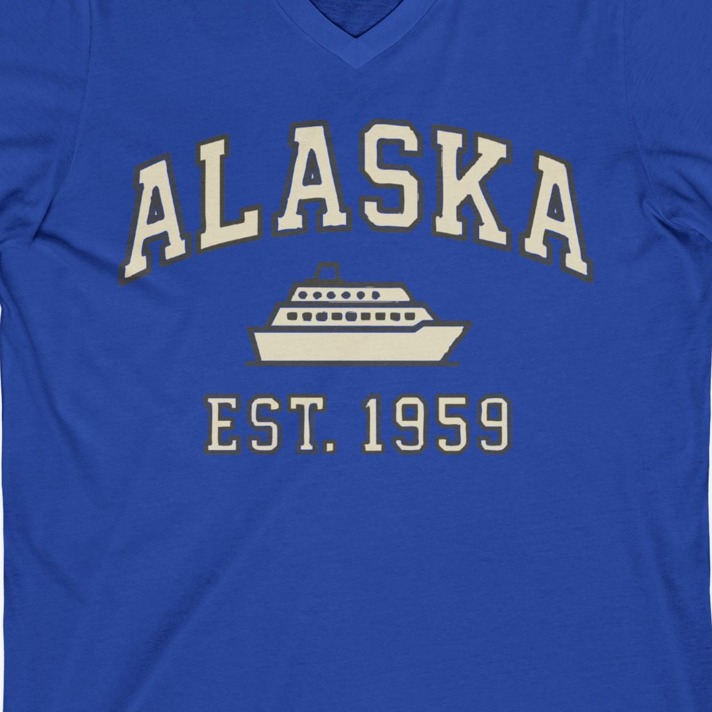 Alaska Cruise Shirt V-Neck Shirt – True Royal – Alaska Cruise Shirts Close Up