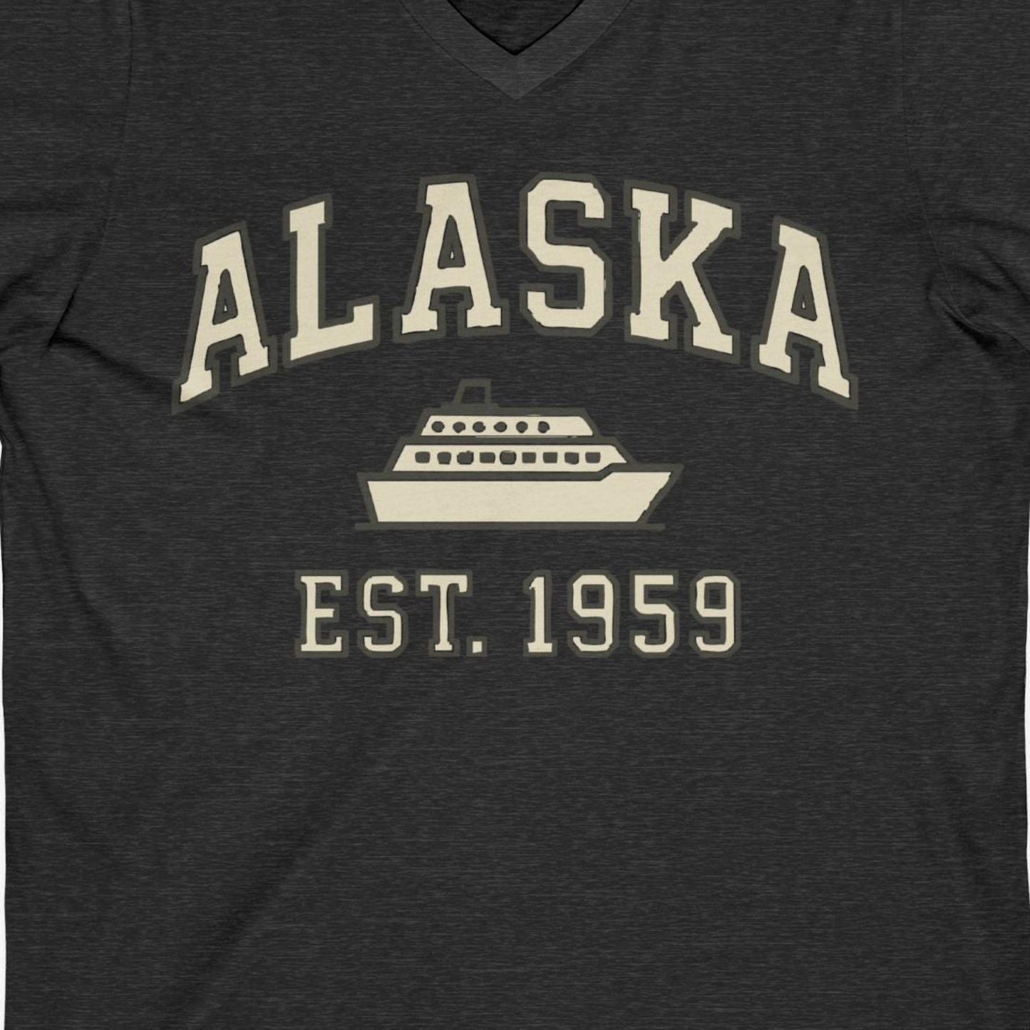 Alaska Cruise Shirt V-Neck Shirt – Dark Grey Heather – Alaska Cruise Shirts Close Up