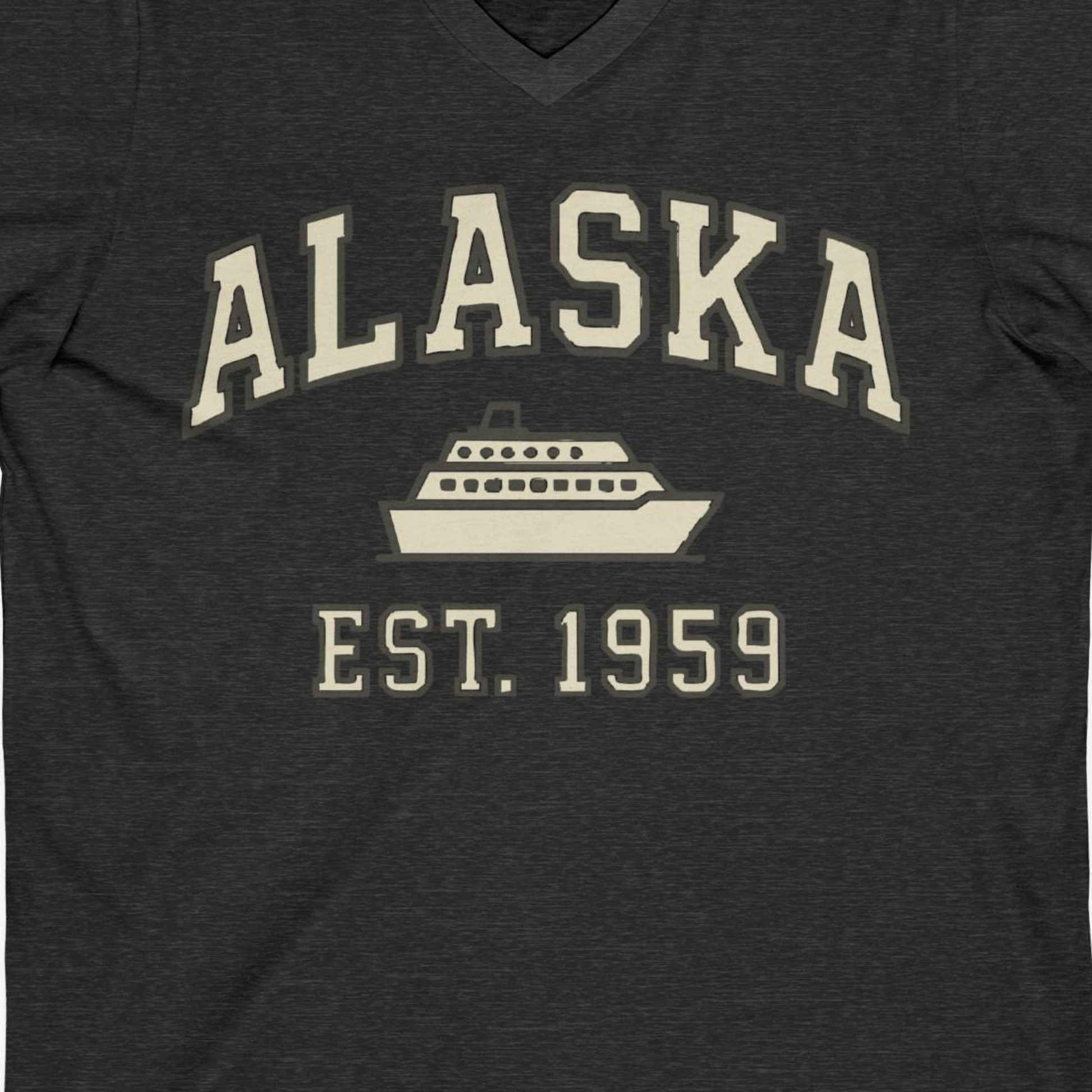 Alaska Cruise Shirt V-Neck Shirt – Dark Grey Heather – Alaska Cruise Shirts Close Up