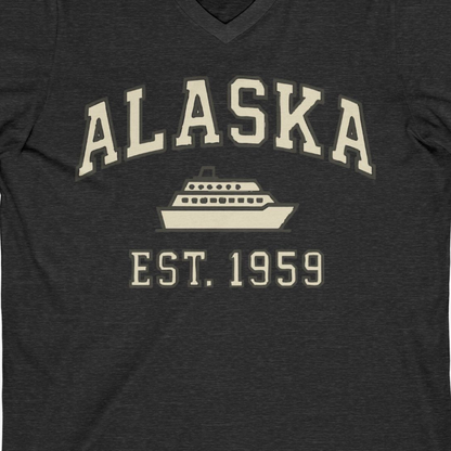 Alaska Cruise Shirt V-Neck Shirt – Dark Grey Heather – Alaska Cruise Shirts Close Up