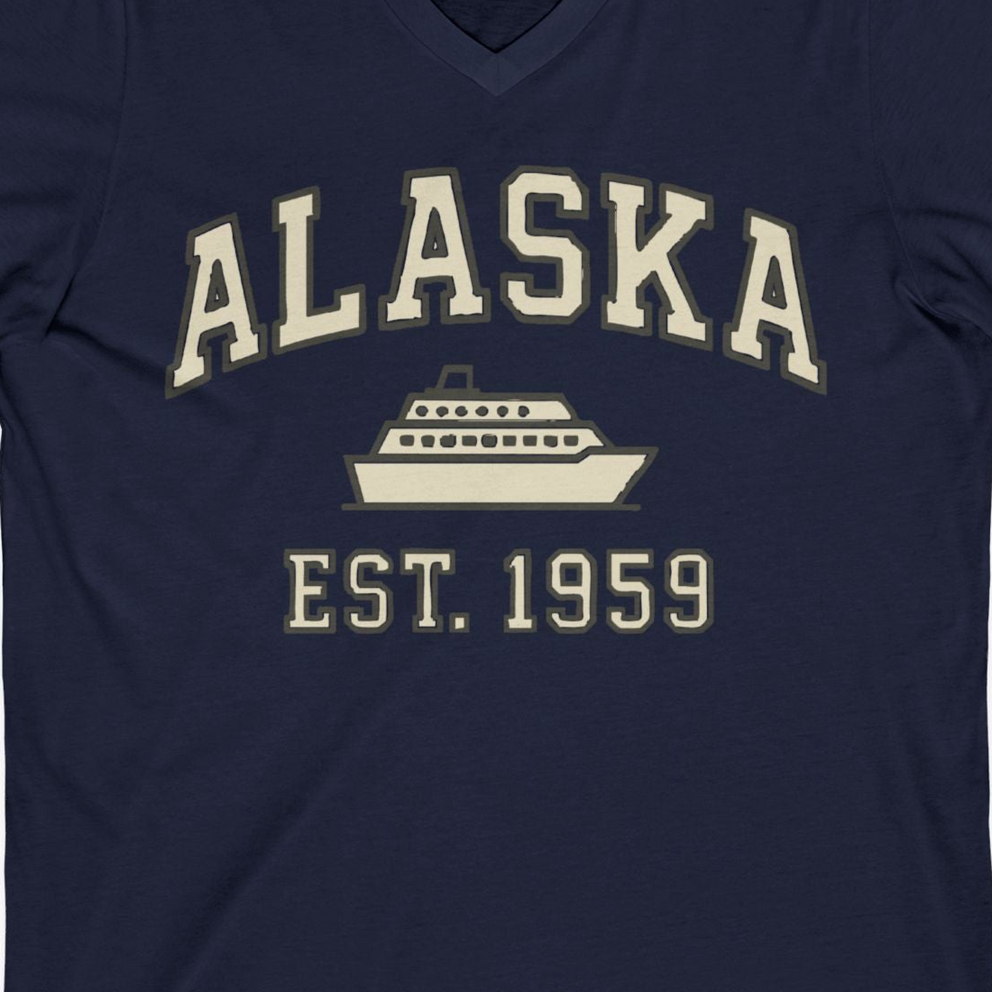 Alaska Cruise Shirt V-Neck Shirt – Navy – Alaska Cruise Shirts Close Up