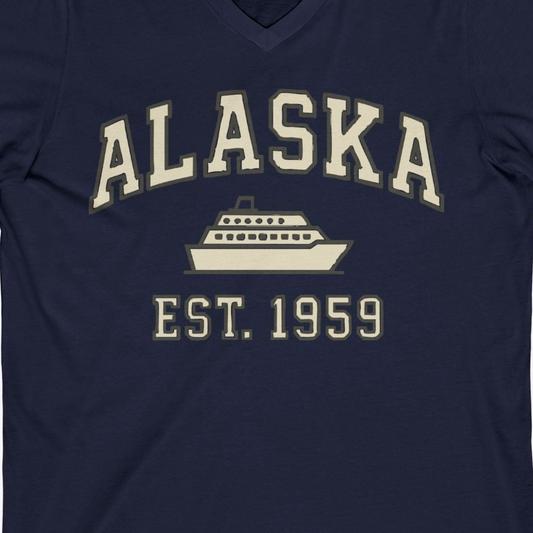 Alaska Cruise Shirt V-Neck Shirt – Navy – Alaska Cruise Shirts Close Up