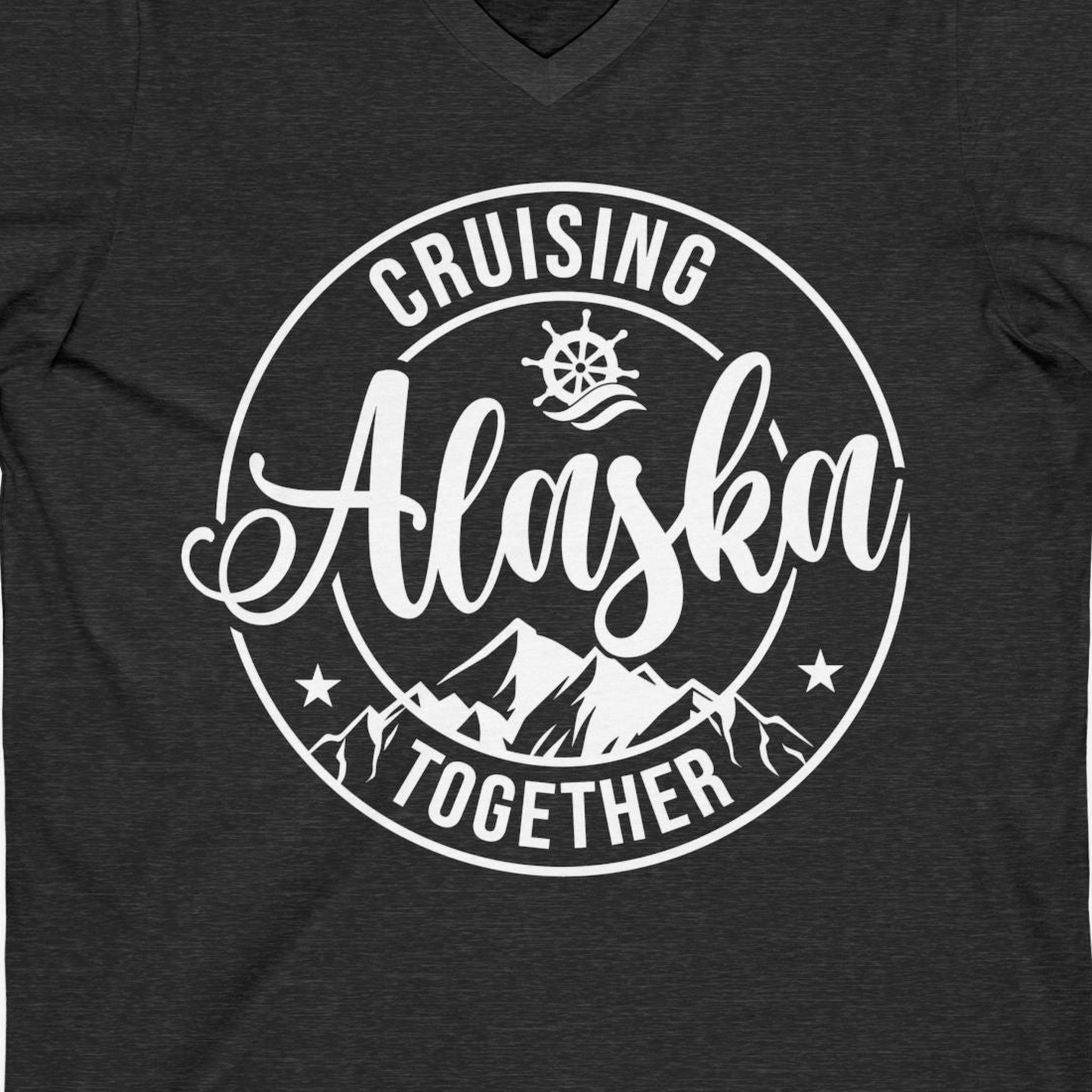 Cruising Alaska Together Shirt V-Neck Shirt – Dark Grey Heather – Alaska Cruise Shirts Close Up