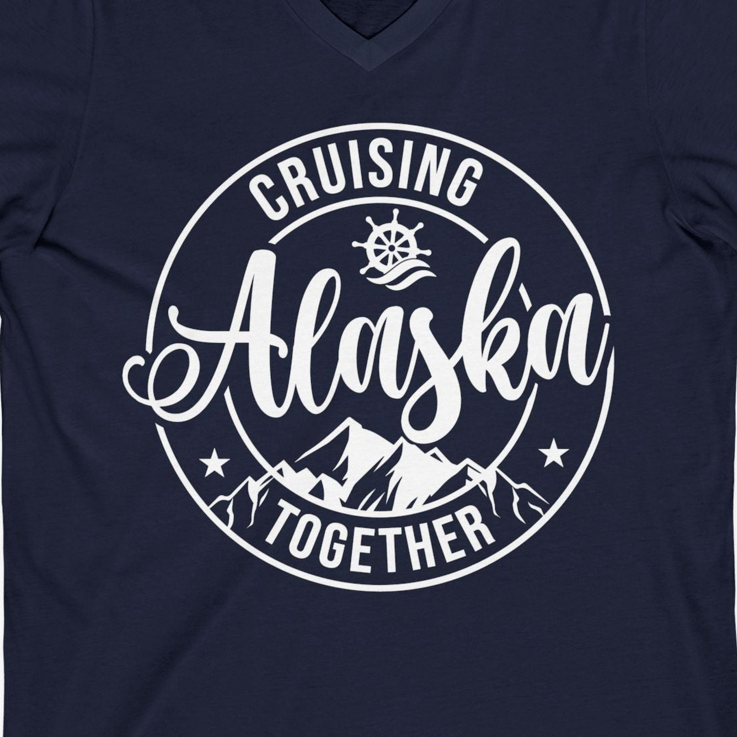 Cruising Alaska Together Shirt V-Neck Shirt – Navy – Alaska Cruise Shirts Close Up