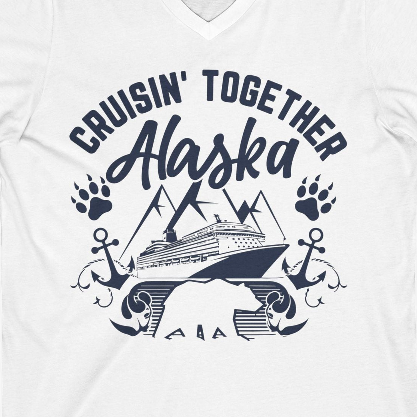Alaska Cruise Adventure Shirt V-Neck Shirt – White – Alaska Cruise Shirts Close Up