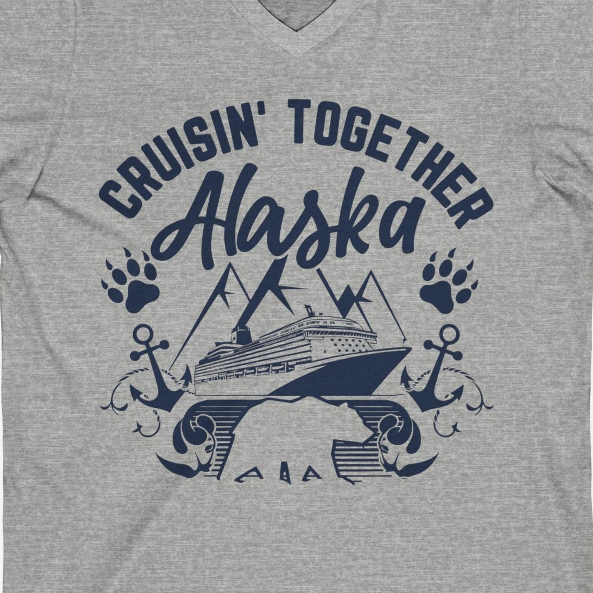 Alaska Cruise Adventure Shirt V-Neck Shirt – Athletic Heather – Alaska Cruise Shirts Close Up