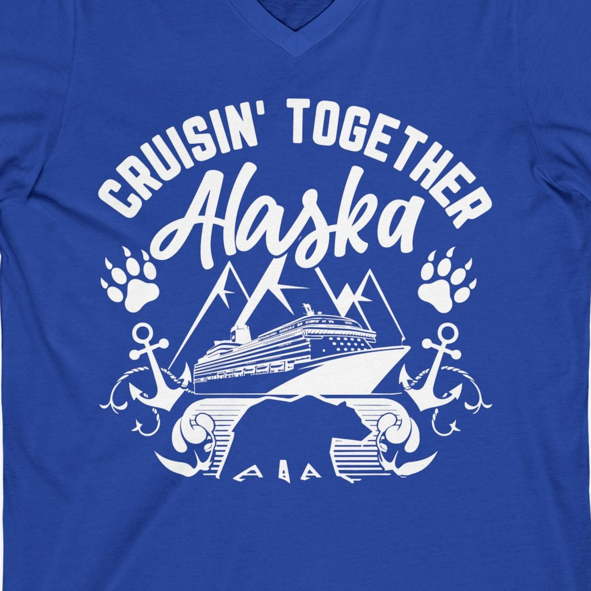 Alaska Cruise Adventure Shirt V-Neck Shirt – True Royal – Alaska Cruise Shirts Close Up
