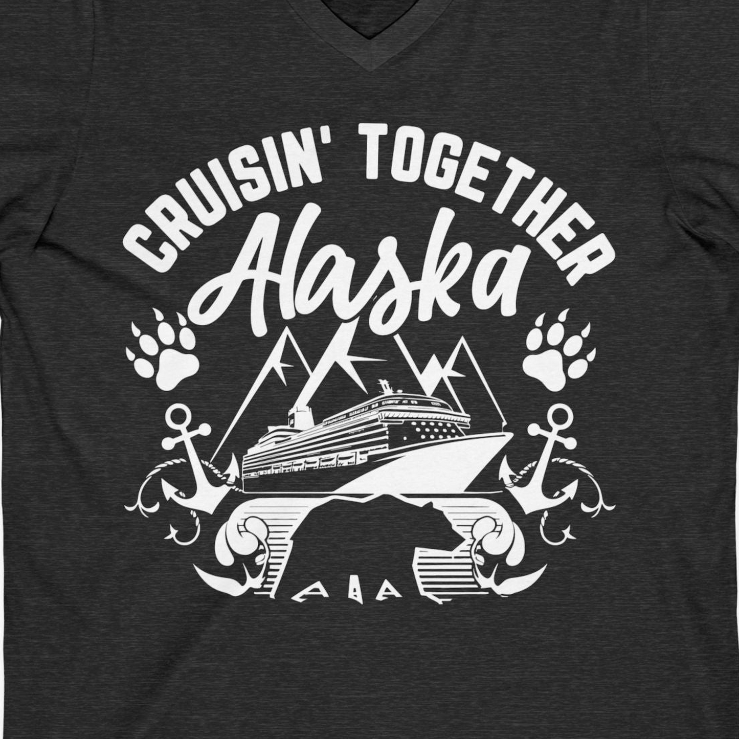 Alaska Cruise Adventure Shirt V-Neck Shirt – Dark Grey Heather – Alaska Cruise Shirts Close Up