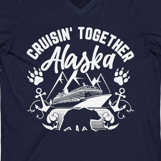 Alaska Cruise Adventure Shirt V-Neck Shirt – Navy – Alaska Cruise Shirts Close Up