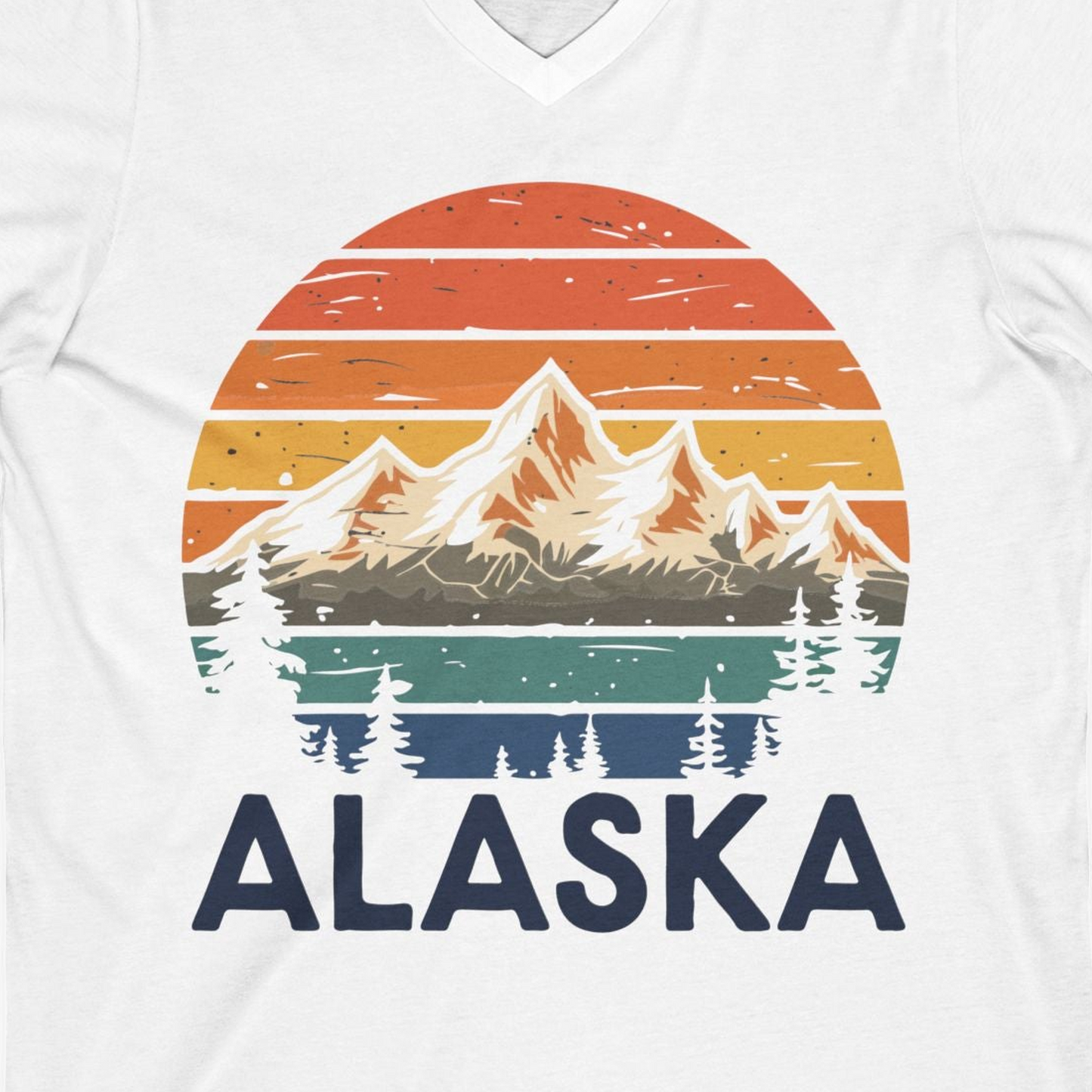 Retro Alaska Mountain Scenery Shirt V-Neck Shirt – White – Alaska Cruise Shirts Close Up