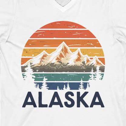 Retro Alaska Mountain Scenery Shirt V-Neck Shirt – White – Alaska Cruise Shirts Close Up