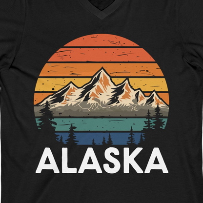 Retro Alaska Mountain Scenery Shirt V-Neck Shirt – Black – Alaska Cruise Shirts Close Up