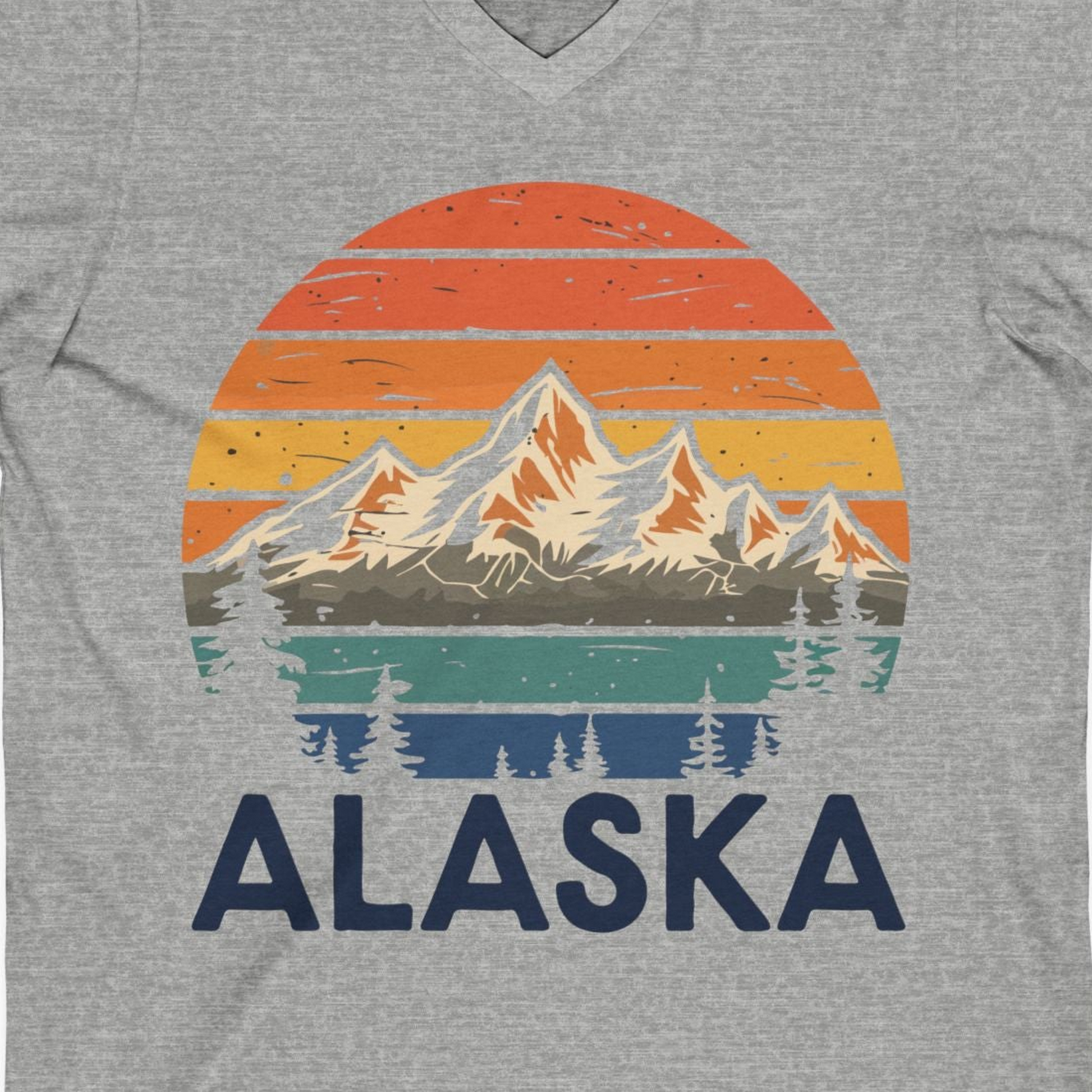 Retro Alaska Mountain Scenery Shirt V-Neck Shirt – Athletic Heather – Alaska Cruise Shirts Close Up