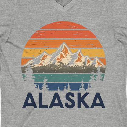 Retro Alaska Mountain Scenery Shirt V-Neck Shirt – Athletic Heather – Alaska Cruise Shirts Close Up