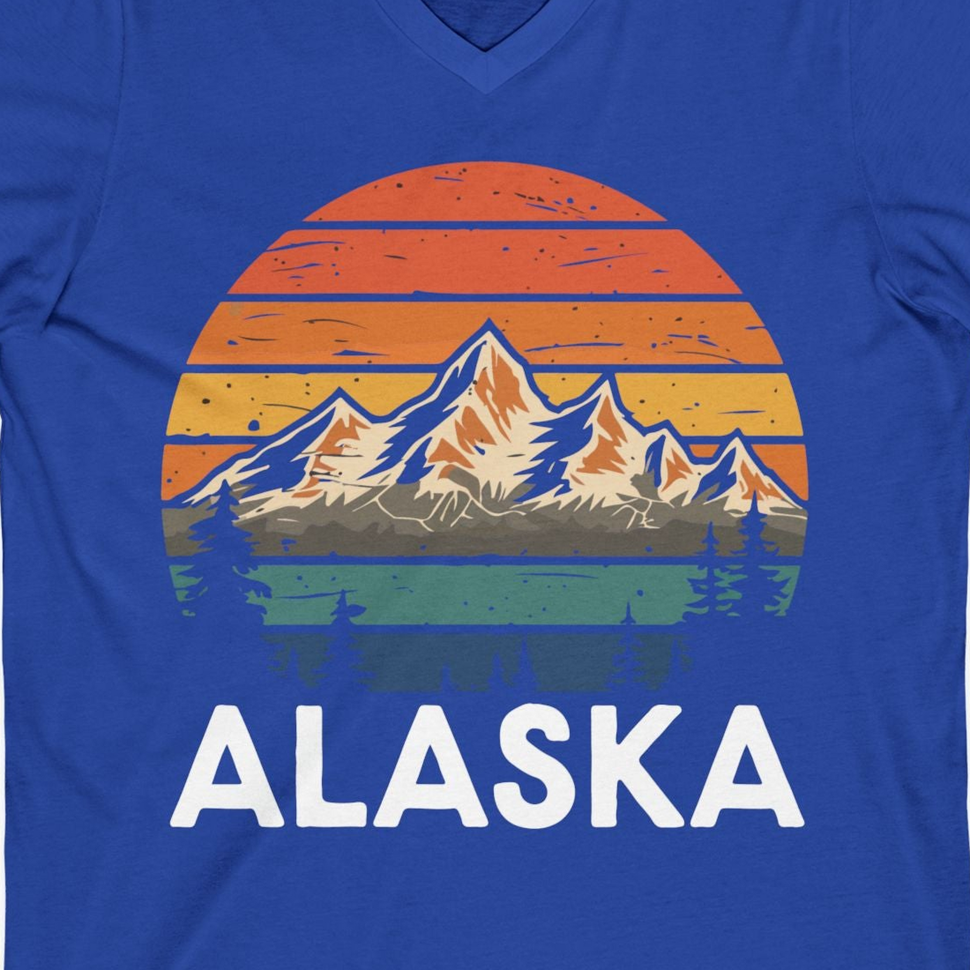 Retro Alaska Mountain Scenery Shirt V-Neck Shirt – True Royal – Alaska Cruise Shirts Close Up