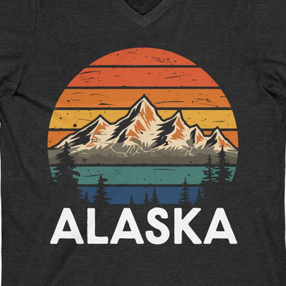 Retro Alaska Mountain Scenery Shirt V-Neck Shirt – Dark Grey Heather – Alaska Cruise Shirts Close Up