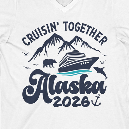 Alaska Cruise Adventure Shirt V-Neck Shirt – White – Alaska Cruise Shirts Close Up