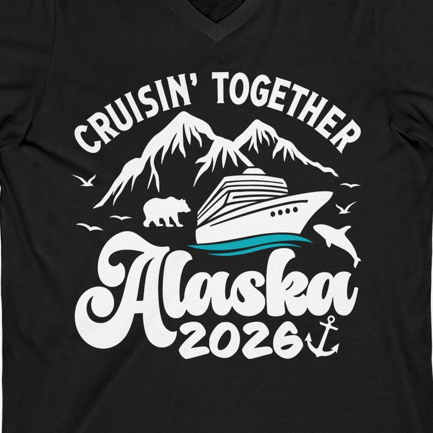 Alaska Cruise Adventure Shirt V-Neck Shirt – Black – Alaska Cruise Shirts Close Up