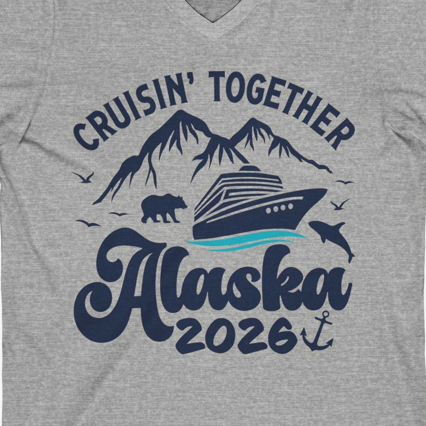 Alaska Cruise Adventure Shirt V-Neck Shirt – Athletic Heather – Alaska Cruise Shirts Close Up