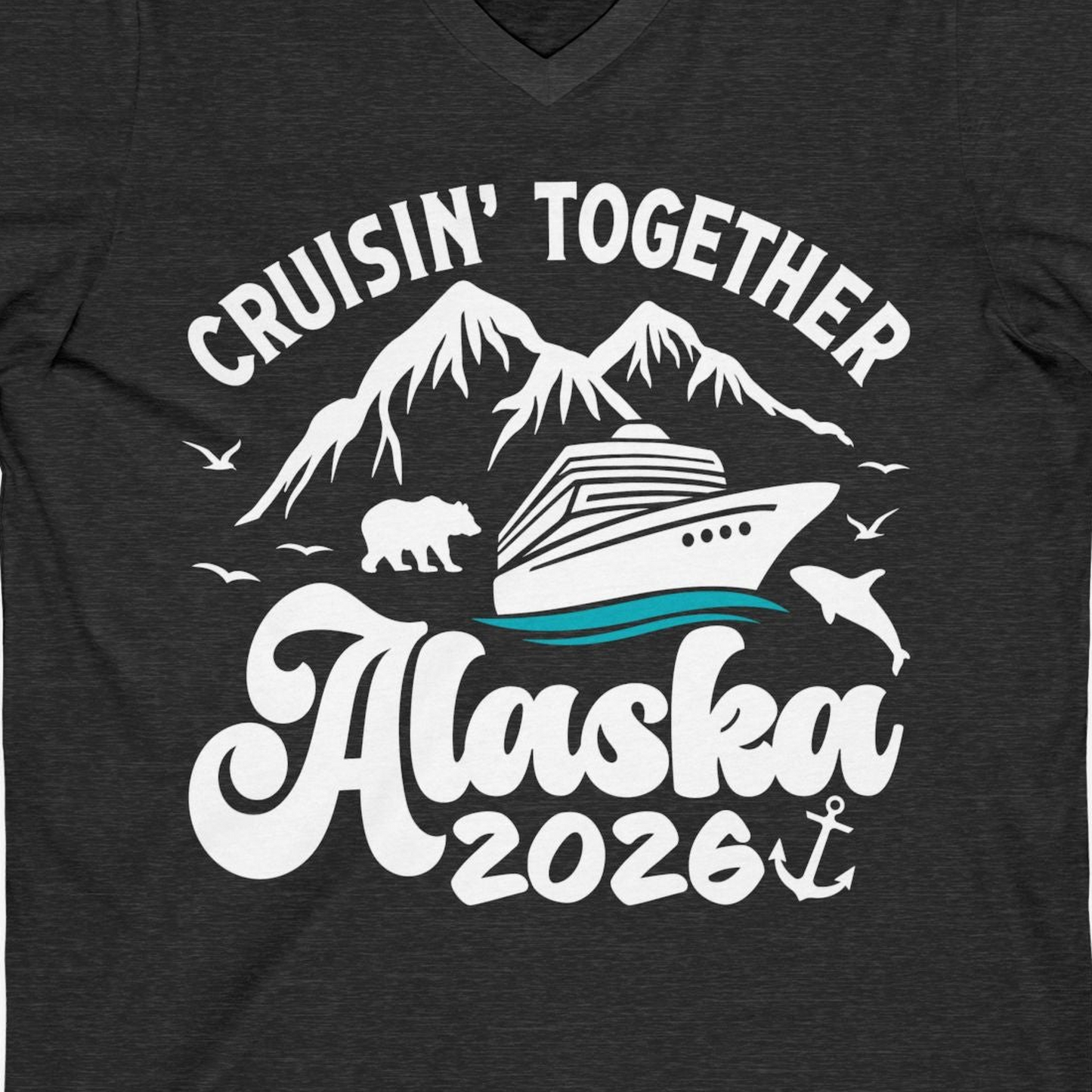 Alaska Cruise Adventure Shirt V-Neck Shirt – Dark Grey Heather – Alaska Cruise Shirts Close Up