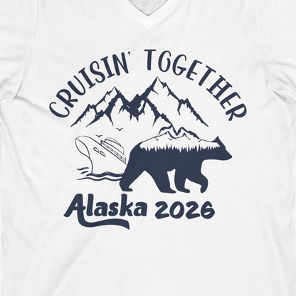 Cruisin Together Alaska 2026 Bear Mountain Group Cruise Shirt — V-Neck V-Neck Shirt – White – Alaska Cruise Shirts Close Up