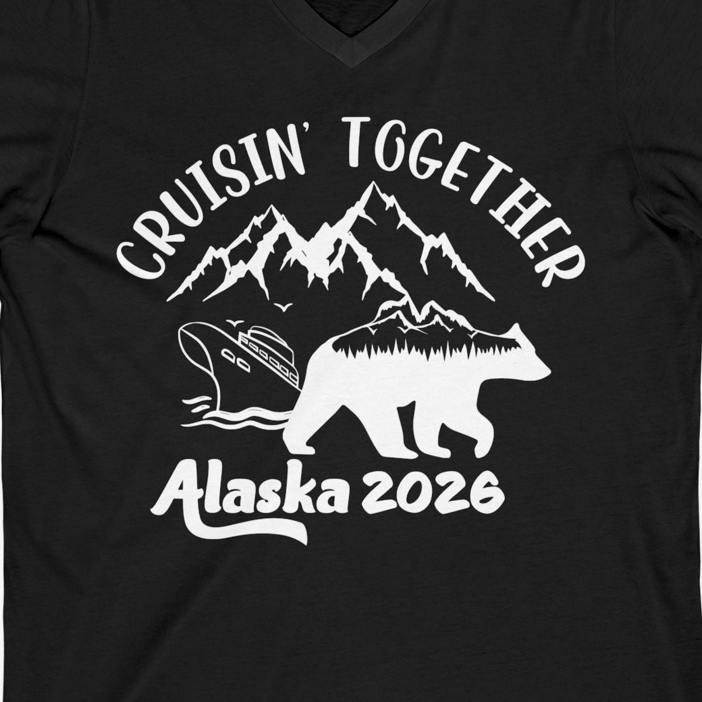 Cruisin Together Alaska 2026 Bear Mountain Group Cruise Shirt — V-Neck V-Neck Shirt – Black – Alaska Cruise Shirts Close Up