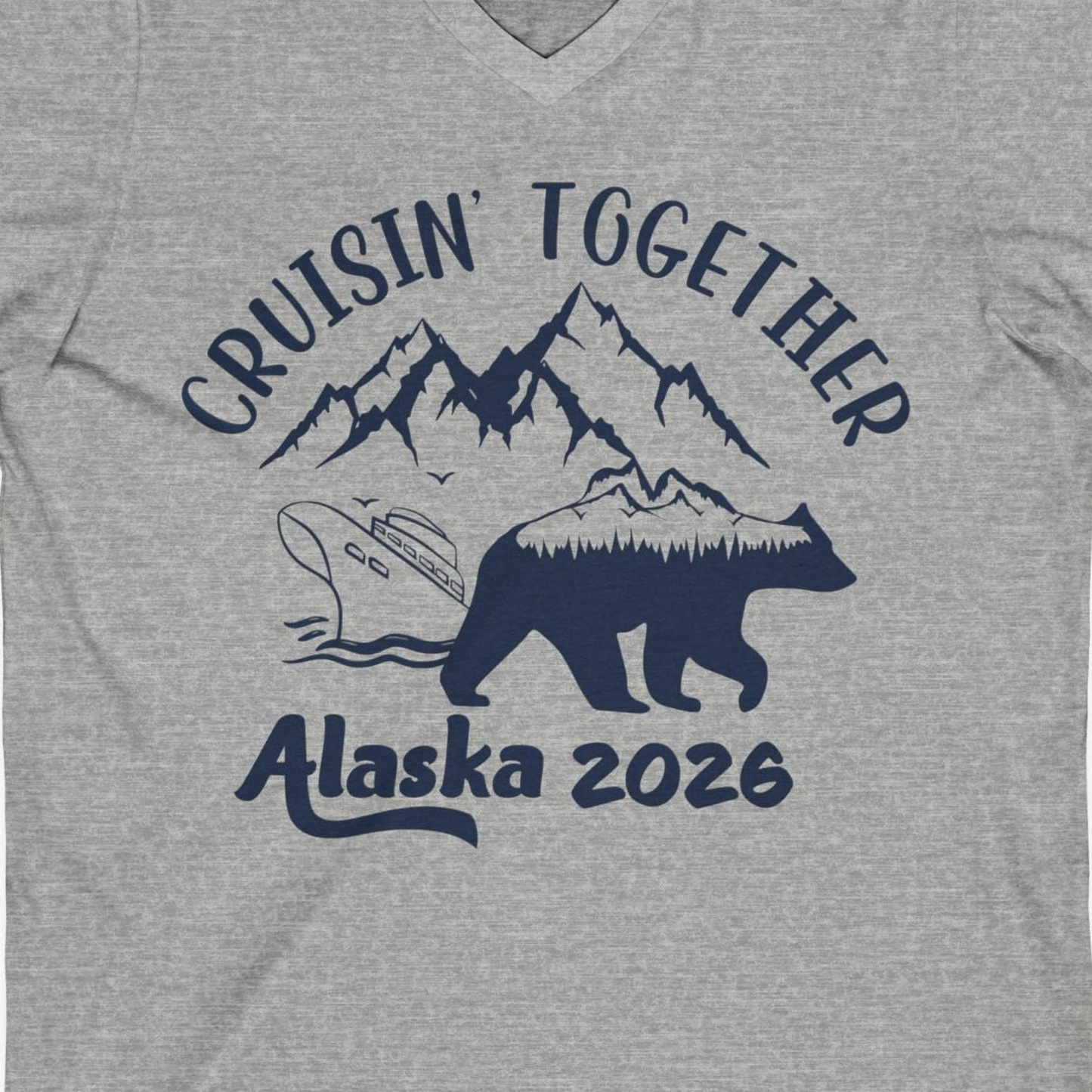 Cruisin Together Alaska 2026 Bear Mountain Group Cruise Shirt — V-Neck V-Neck Shirt – Athletic Heather – Alaska Cruise Shirts Close Up