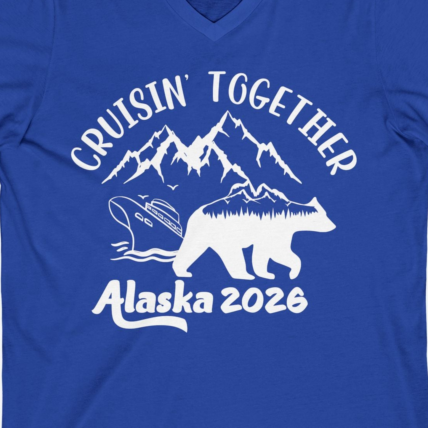 Cruisin Together Alaska 2026 Bear Mountain Group Cruise Shirt — V-Neck V-Neck Shirt – True Royal – Alaska Cruise Shirts Close Up