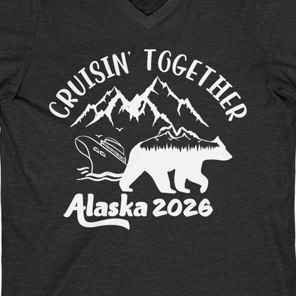 Cruisin Together Alaska 2026 Bear Mountain Group Cruise Shirt — V-Neck V-Neck Shirt – Dark Grey Heather – Alaska Cruise Shirts Close Up