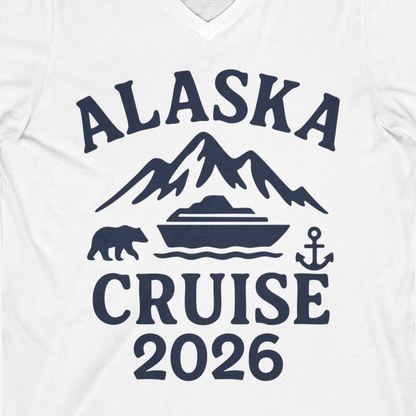 Alaska Cruise 2026 Shirt V-Neck Shirt – White – Alaska Cruise Shirts Close Up