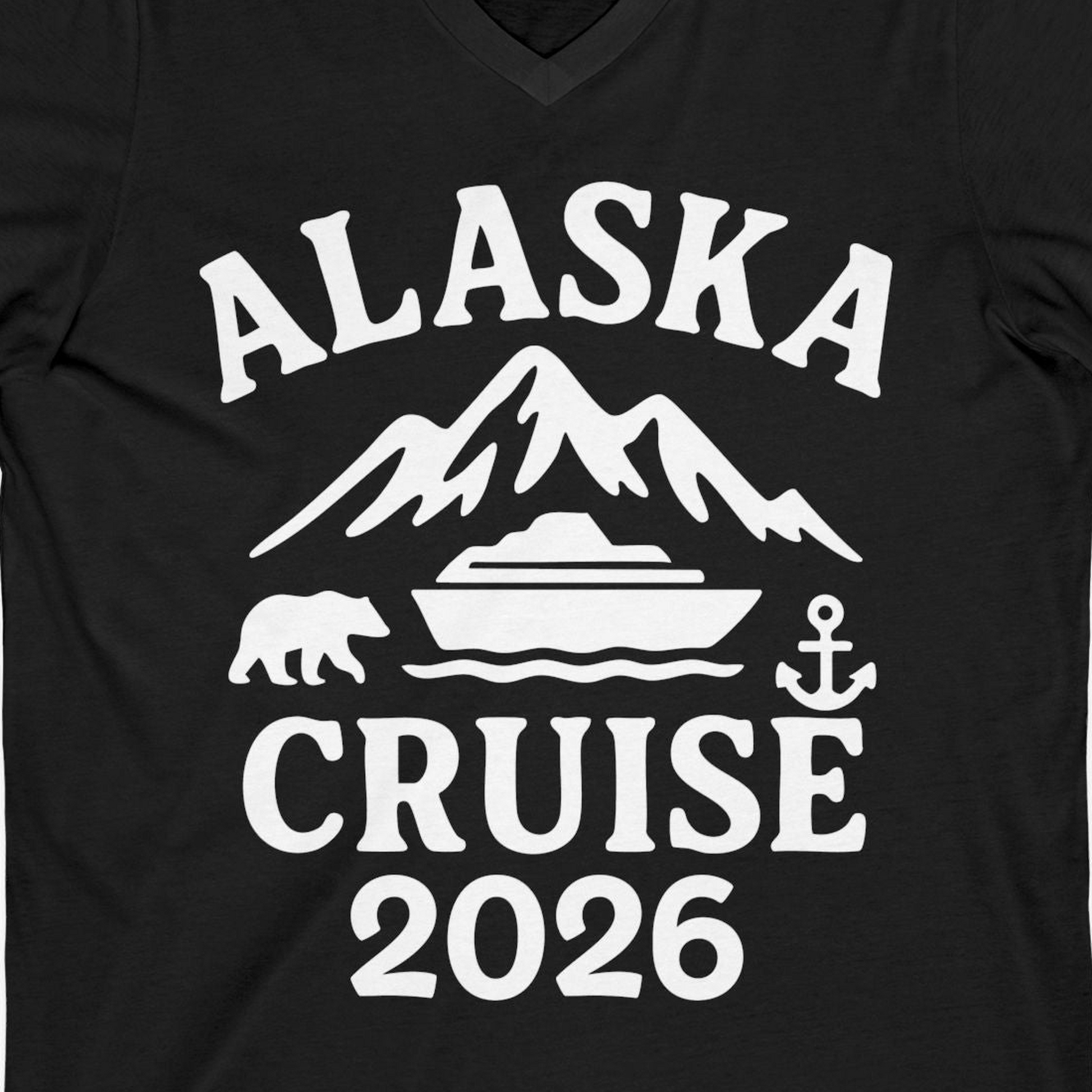 Alaska Cruise 2026 Shirt V-Neck Shirt – Black – Alaska Cruise Shirts Close Up