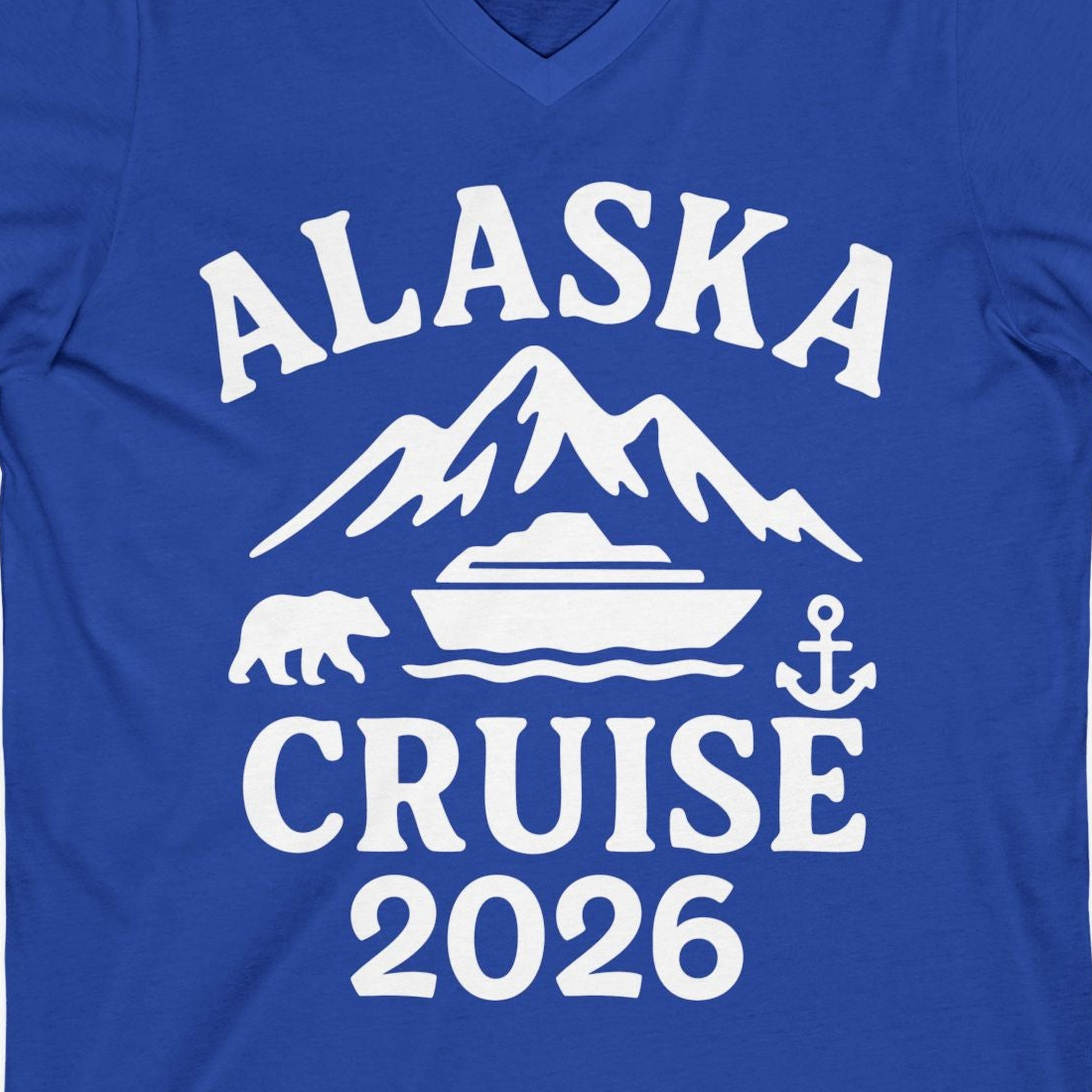 Alaska Cruise 2026 Shirt V-Neck Shirt – True Royal – Alaska Cruise Shirts Close Up
