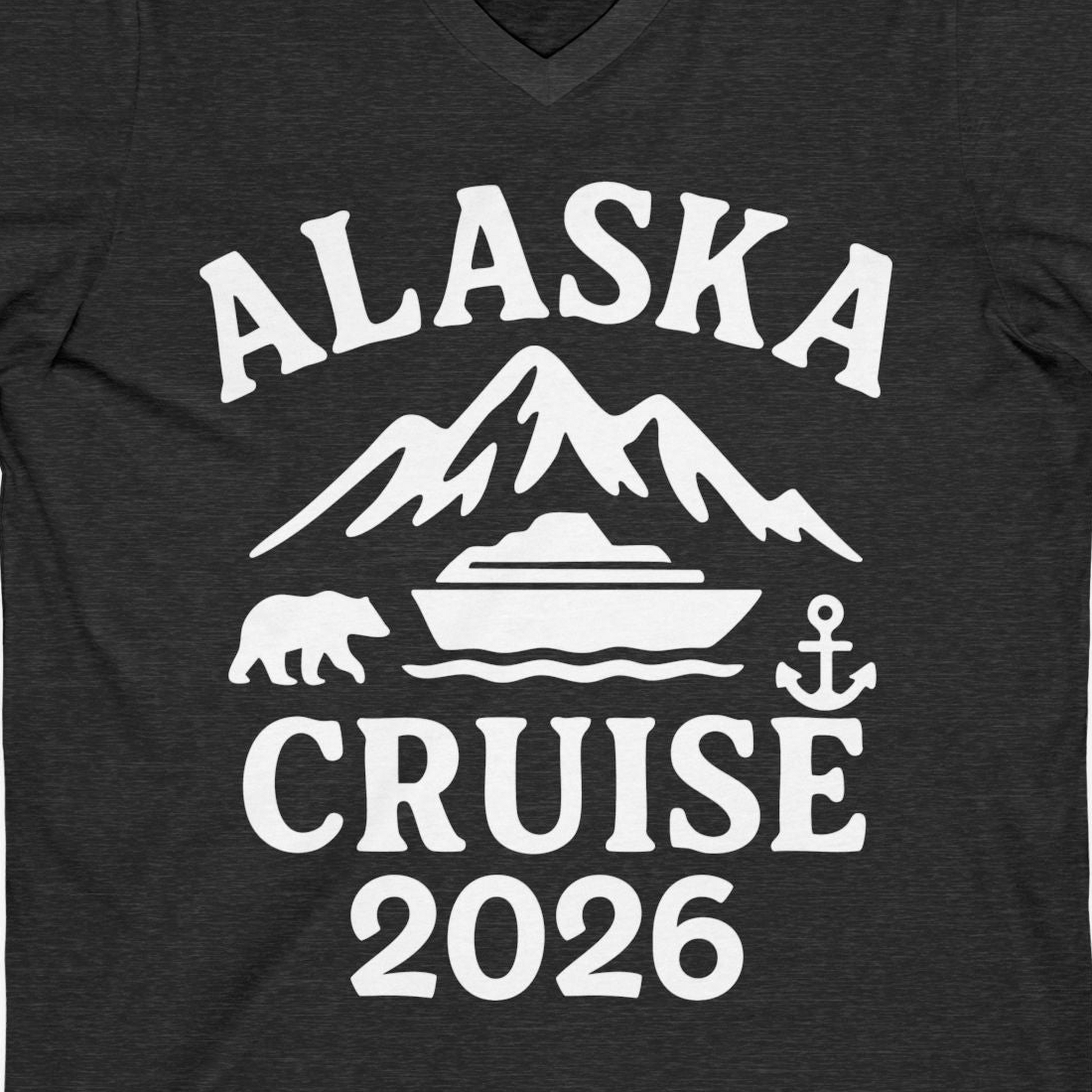 Alaska Cruise 2026 Shirt V-Neck Shirt – Dark Grey Heather – Alaska Cruise Shirts Close Up