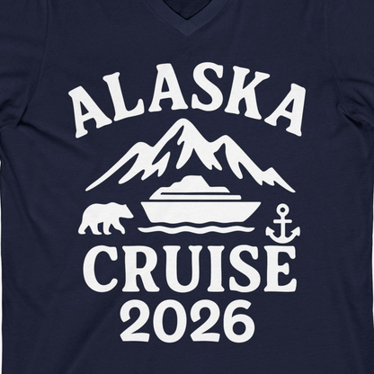 Alaska Cruise 2026 Shirt V-Neck Shirt – Navy – Alaska Cruise Shirts Close Up