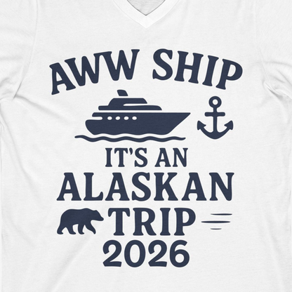 Alaska Cruise Shirt V-Neck Shirt – White – Alaska Cruise Shirts Close Up