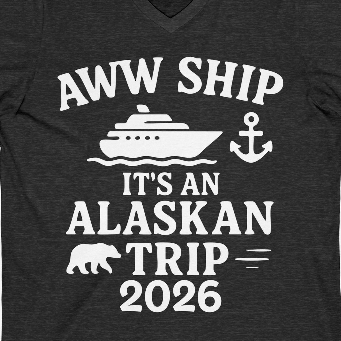 Alaska Cruise Shirt V-Neck Shirt – Dark Grey Heather – Alaska Cruise Shirts Close Up