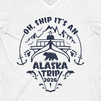 Oh Ship It’s an Alaska Trip 2026 Cruise and Wildlife Shirt — V-Neck V-Neck Shirt – White – Alaska Cruise Shirts Close Up