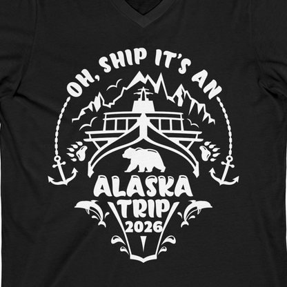 Oh Ship It’s an Alaska Trip 2026 Cruise and Wildlife Shirt — V-Neck V-Neck Shirt – Black – Alaska Cruise Shirts Close Up